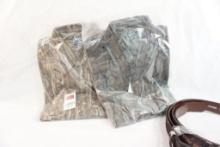 Two medium Woolrich camo button up shirts and two camo size 38 belts, new