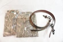 Two large Camo shirts and two camo belts size 42