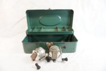 One metal fishing tackle box and two Zebco 33 fishing reels