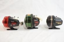 Three closed face spinning reels, One Johnson Sabra 130B, one Johnson Guide 155 and one Johnson