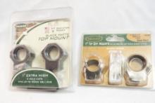 Two sets of Weaver 1" scope rings, one set of tip-off mounts for .22 rifles and one set of Extra