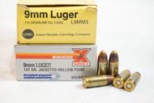 Two boxes of 9MM Luger, one Winchester 147 gr, JHP and one Union Metallic CO. 115 gr , 100 count