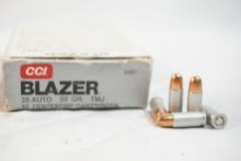 One box of CCI Blazer 25 Auto 50 gr TMJ, 50 count