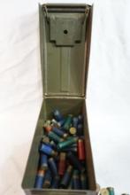 Metal ammo can with 12 gauge shells and hulls