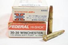 Two boxes of 30-30 Win 170 gr SP, one Federal Hi-shok and one Winchester Super X, 40 count total