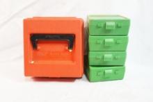 Five plastic ammo boxes