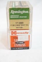 Two boxes of 17 HMR 20 gr, one Hornady andone Remington, 100 count total