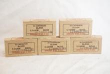 Five boxes of Lake City Ammunition Plant 5.56 MM Blanks, 100 count total