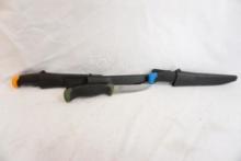 Three fixed blade knives with 4" blade and molded plastic sheaths