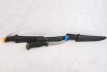 Three fixed blade knives with 4" blade and molded plastic sheaths
