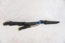 Three fixed blade knives with 4" blade and molded plastic sheaths
