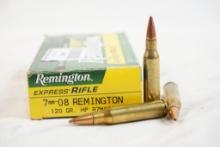 One partial box of Remington 7mm-08 120 gr HP. Count 10, and 10 fired cases.