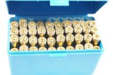 Blue plastic ammo box with 50 new unprimed 7mm Rem Mag brass cases.