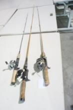 Three fishing rods and feels. Used.