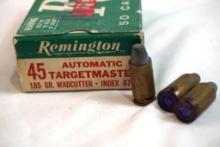 One partial box of Remington 45 auto 185 gr LSWC. Count 35.