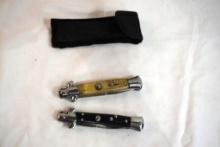 Two switchblade knives, and one nylon belt knife sheath.