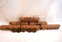 Bag containing 6 rolls of 1940's wheat pennies