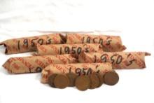 Bag containing 6 rolls of 1950's wheat pennies