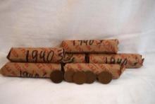 Bag containing 6 rolls of 1940's wheat pennies
