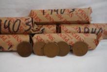 Bag containing 5 rolls of 1950's wheat pennies