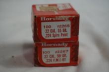 Two boxes of Hornady 22 cal bullets. One 55 gr Spire Point, and one 55 gr FMJBT. Count 200.