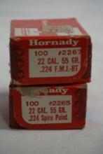 Two boxes of Hornady 22 cal bullets. One 55 gr Spire Point, and one 55 gr FMJBT. Count 200.