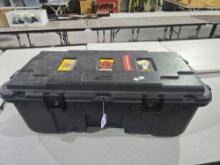 Black plastic Plano storage box. 38" x 18" x 14". Used.