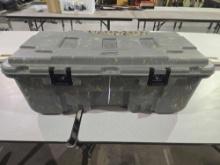 Green plastic Plano storage box. 38" x 18" x 14" Used.