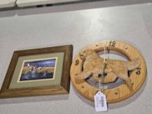 One framed duck picture, and one wood retriever wall clock.
