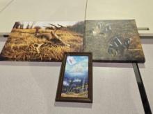 One small framed picture, and two photos on canvas, one Mallards in flight, one The End of the Hunt.