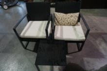Set of outdoor chairs, cushions and matching glass top table.