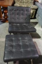 One chrome and leather pad chair, and matching foot ottoman.