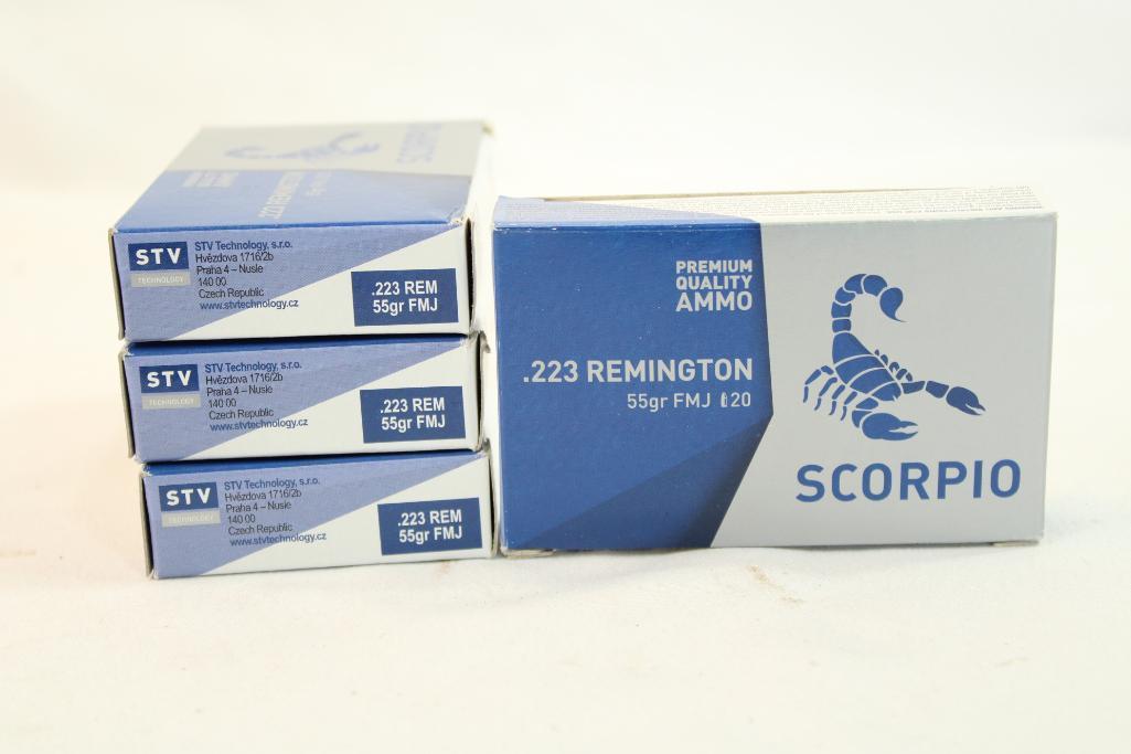 Four boxes of Scorpio 223 Rem 55 gr FMJ. Count 80.