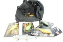 Bag containing five lures and a nylon carry bag