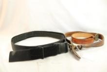 Three belts, one 32" leather belt, one Harley Davidson leather belt with buckle and one black nylon