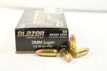 One box of Blazer 9mm 115 gr FMJ. Count 50.
