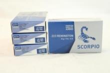 Four boxes of Scorpio 223 Rem 55 gr FMJ. Count 80.