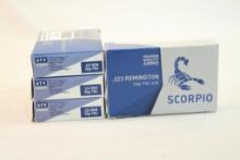 Five boxes of Scorpio 223 Rem 55 gr FMJ. Count 100.