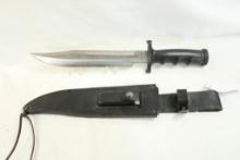 One 10" fixed blade survival knife with leather sheath.