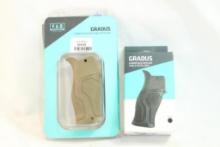 Two F.A.B. Defense Gradus rubberized reduced angle pistol grips, one black and one tan
