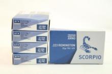 Five boxes of Scorpio 223 Rem 55 gr FMJ. Count 100.
