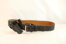 Black leather belt with Blackhawk holster, fits Glock 20/21 or S&W P40
