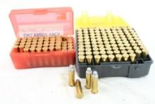 Two plastic ammo boxes of 38 special reloads, 141 loaded and 9 fired brass