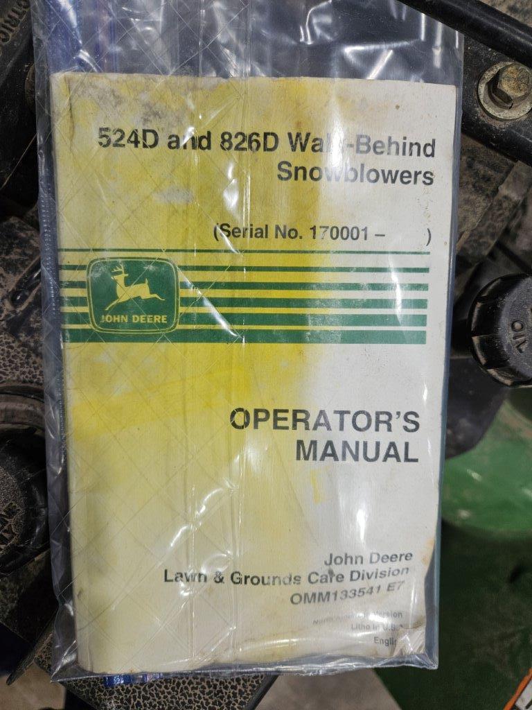 John Deere 826D 26" walk behind Snow Blower