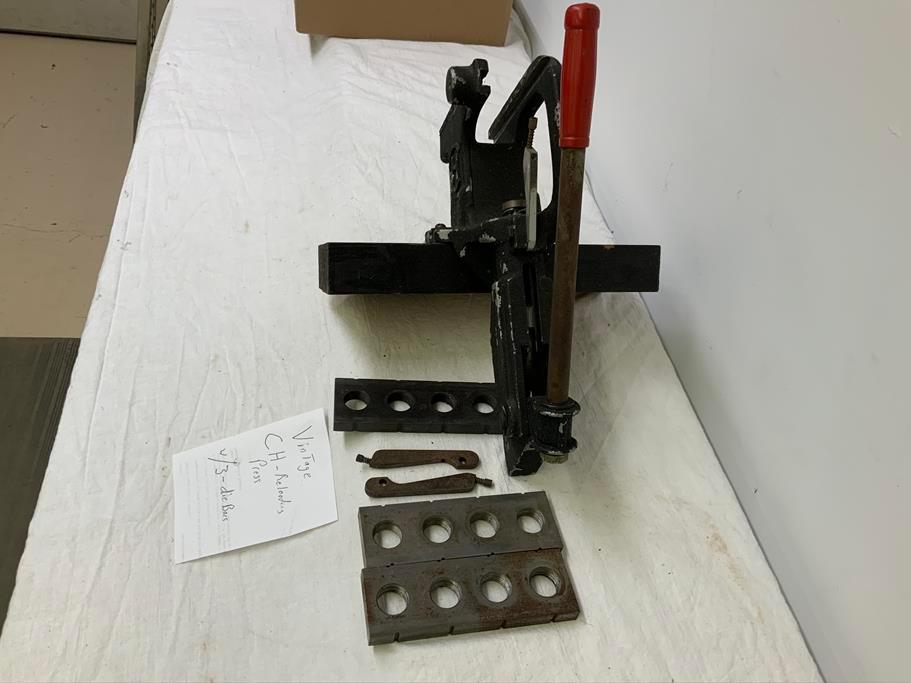 Vintage CH reloading press with 3 die bars, will ship without wood