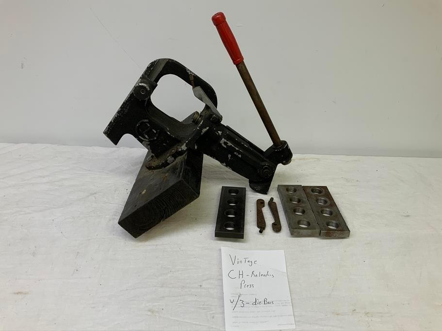 Vintage CH reloading press with 3 die bars, will ship without wood