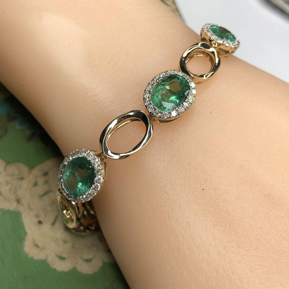 Emerald and Diamond Halo Elliptical Link Bracelet