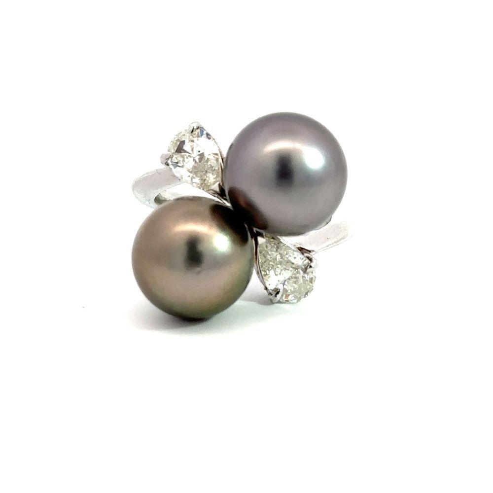 Tahitian Pearl & Pear-Cut Diamond Toi et Moi Ring