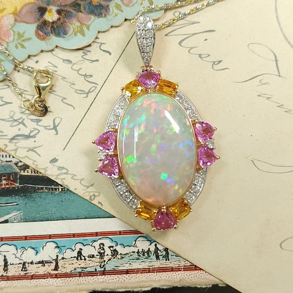 Opal, Yellow & Pink Sapphire, and Diamond Necklace