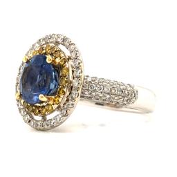 GIA Unheated Sapphire Bullseye Ring Yellow & White Diamonds